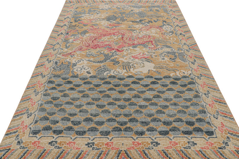 Distressed Dragon Rug in Blue, Ochre and Red Pictorial Patterns