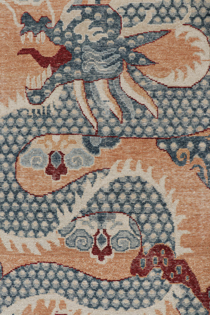 Distressed Dragon Rug in Blue, Gold and Red Pictorial Patterns