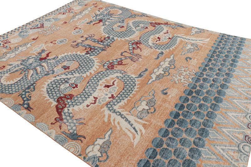 Distressed Dragon Rug in Blue, Gold and Red Pictorial Patterns