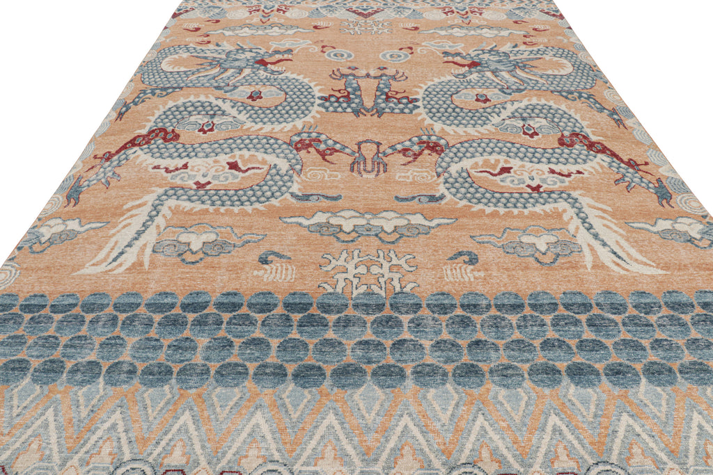 Distressed Dragon Rug in Blue, Gold and Red Pictorial Patterns