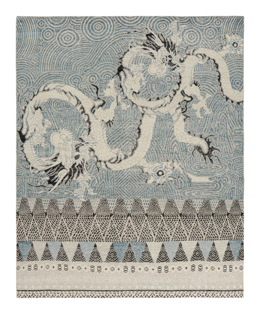 Distressed Dragon Rug in Blue, Gray and Black Pictorial Patterns