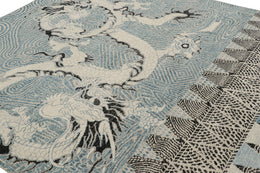 Distressed Dragon Rug in Blue, Gray and Black Pictorial Patterns