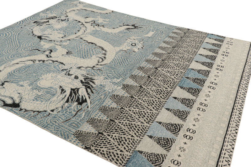 Distressed Dragon Rug in Blue, Gray and Black Pictorial Patterns