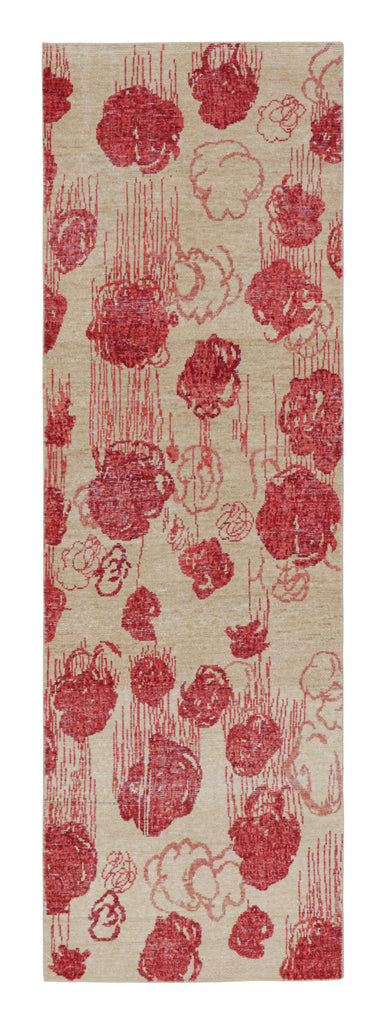 Modern Abstract Runner in Beige with Red and Pink Floral Patterns