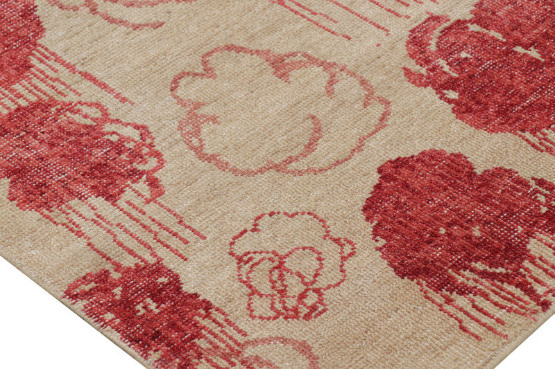 Modern Abstract Runner in Beige with Red and Pink Floral Patterns