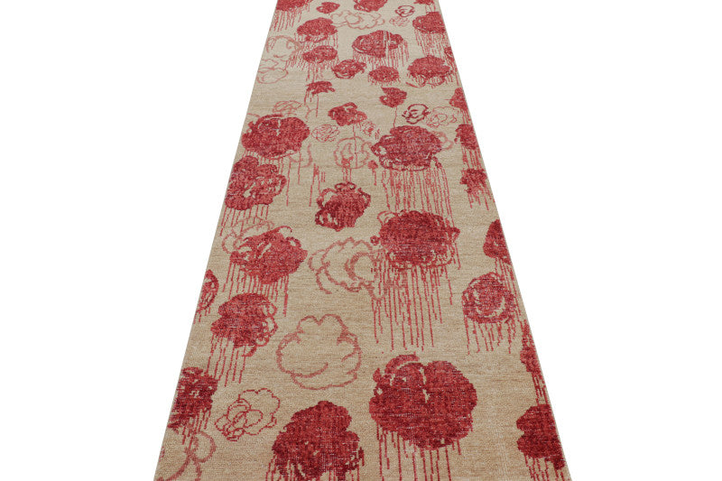 Modern Abstract Runner in Beige with Red and Pink Floral Patterns