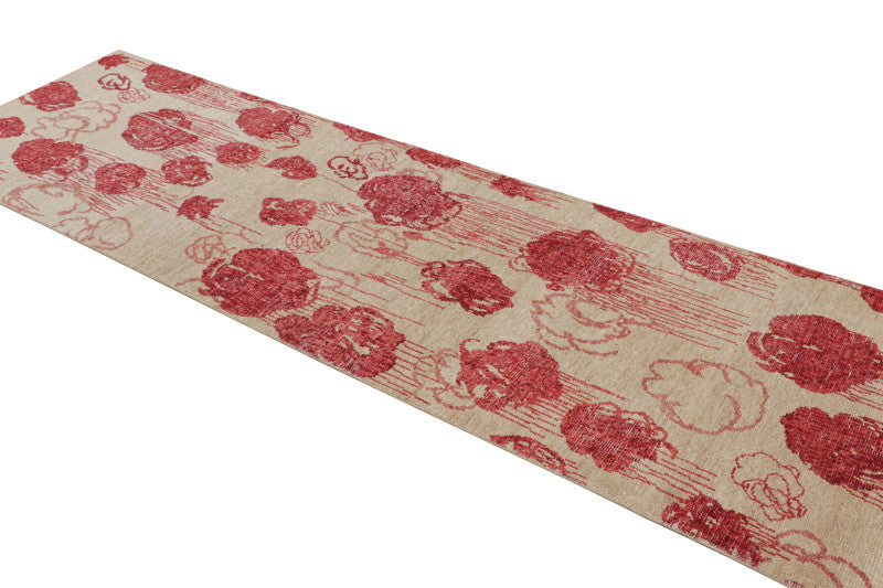 Modern Abstract Runner in Beige with Red and Pink Floral Patterns