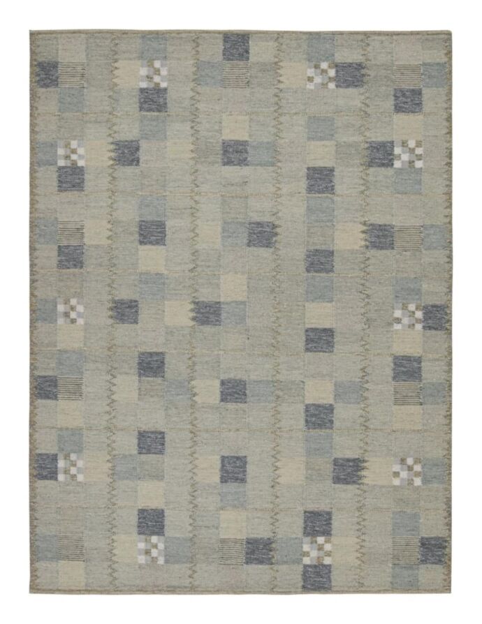 Scandinavian Style Kilim In Blue Grey Geometric Patterns