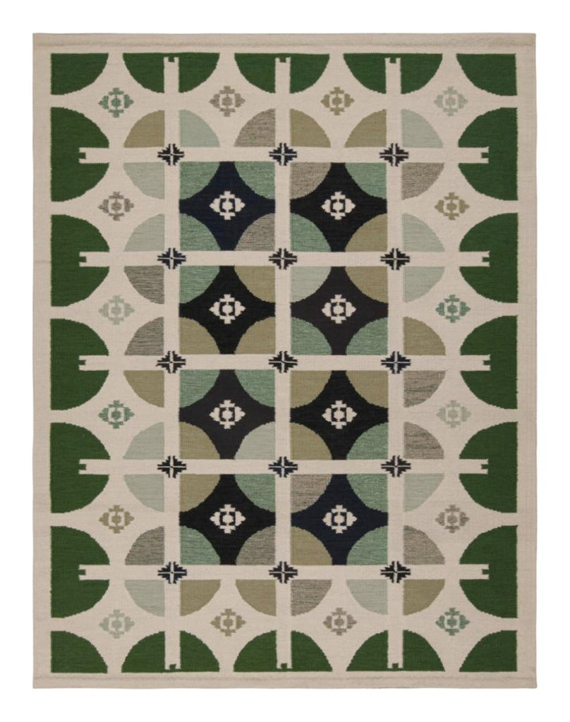 Scandinavian Kilim With Green White & Black Geometric Patterns