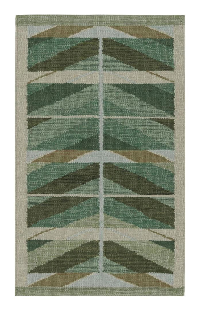 Scandinavian Kilim With Geometric Patterns In Green Tones