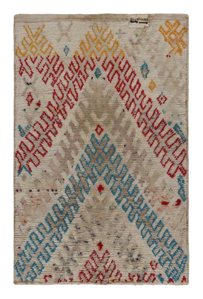 1950s Azilal Moroccan Rug In White With Polychromatic Patterns