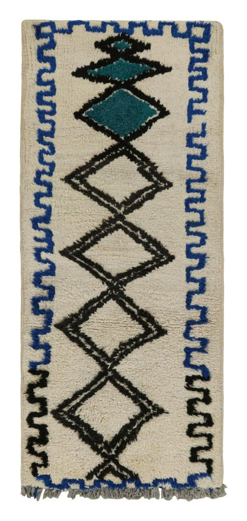 1950s Azilal Moroccan Rug In White With Blue-Black Patterns