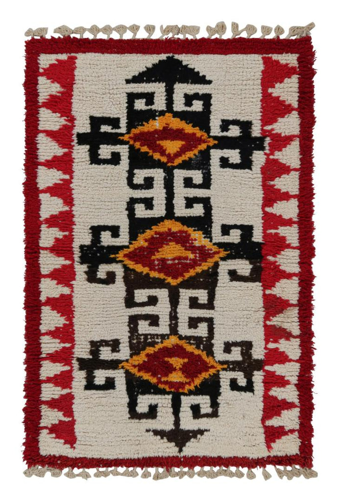 1950s Azilal Moroccan Rug In Red, White And Black Tribal Patterns