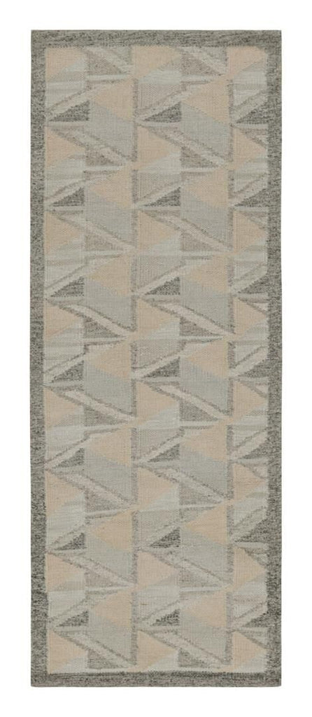 Scandinavian Kilim Runner With Gray Beige Geometric Patterns