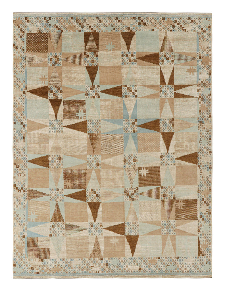 Scandinavian Rug In Beige Brown And Blue Geometric Patterns