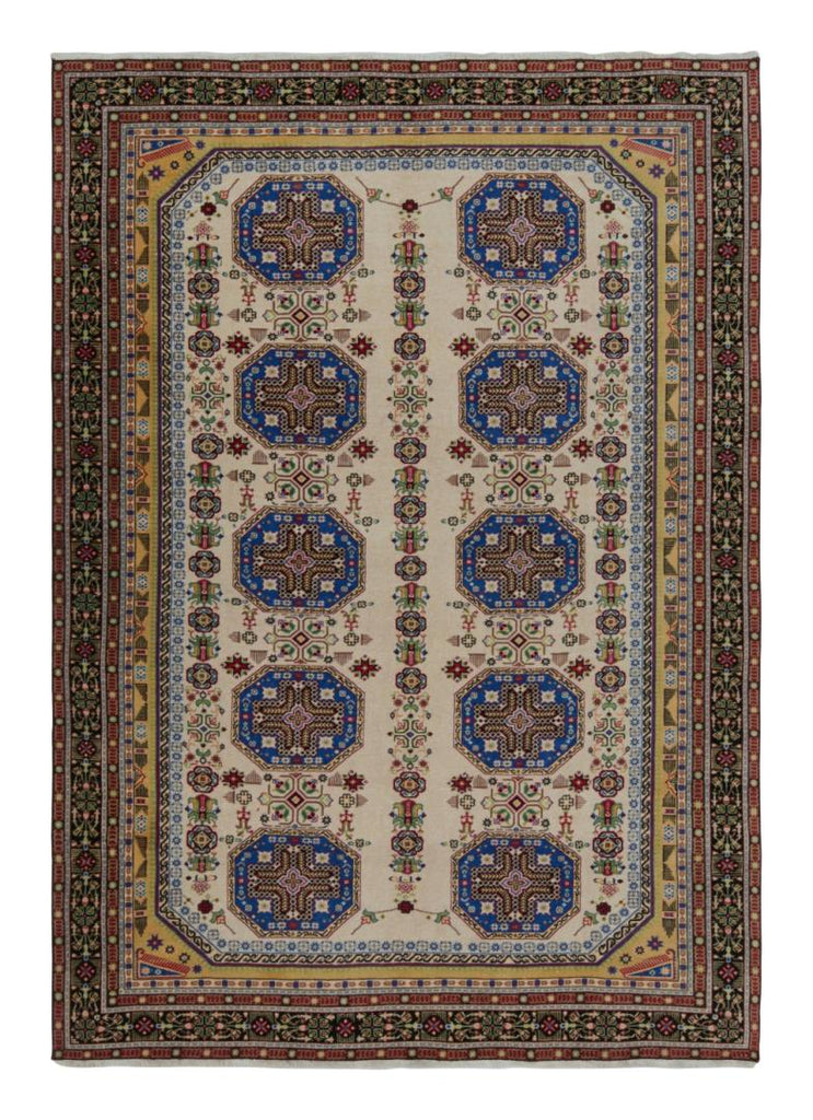 Vintage Hereke Rug In Beige Blue And Gold Geometric Patterns