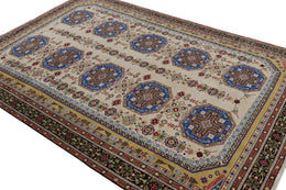 Vintage Hereke Rug In Beige Blue And Gold Geometric Patterns