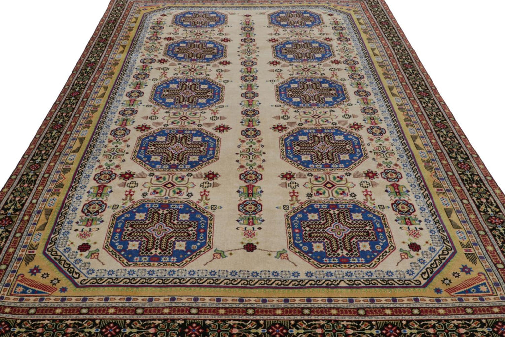 Vintage Hereke Rug In Beige Blue And Gold Geometric Patterns