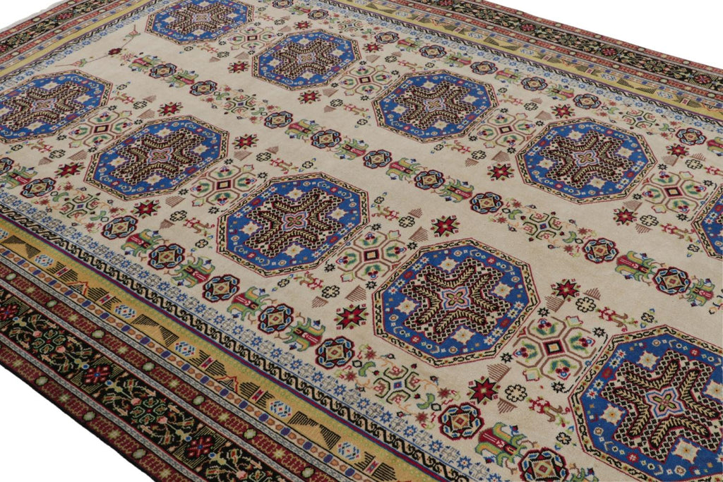 Vintage Hereke Rug In Beige Blue And Gold Geometric Patterns