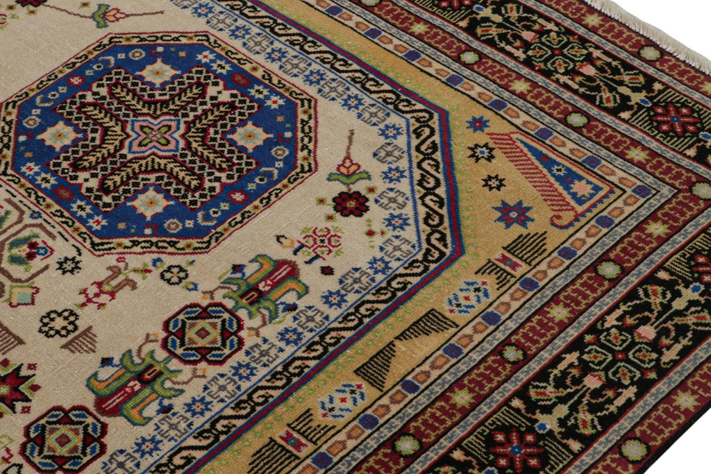 Vintage Hereke Rug In Beige Blue And Gold Geometric Patterns