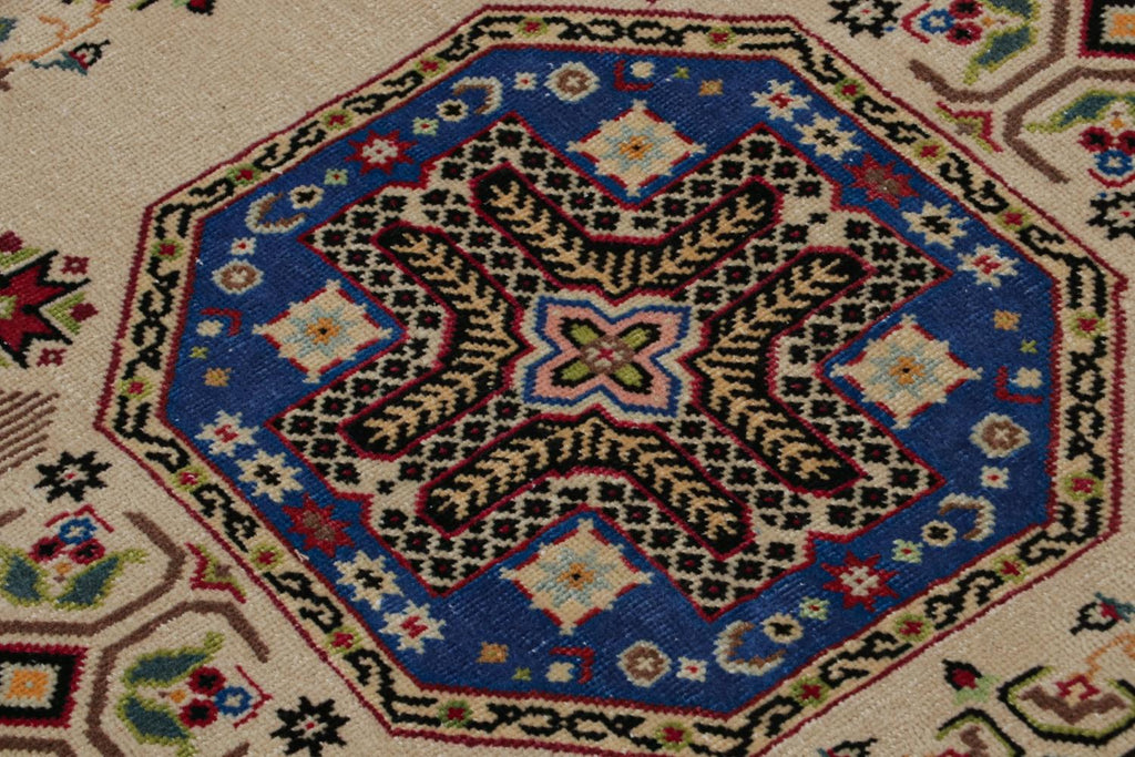 Vintage Hereke Rug In Beige Blue And Gold Geometric Patterns