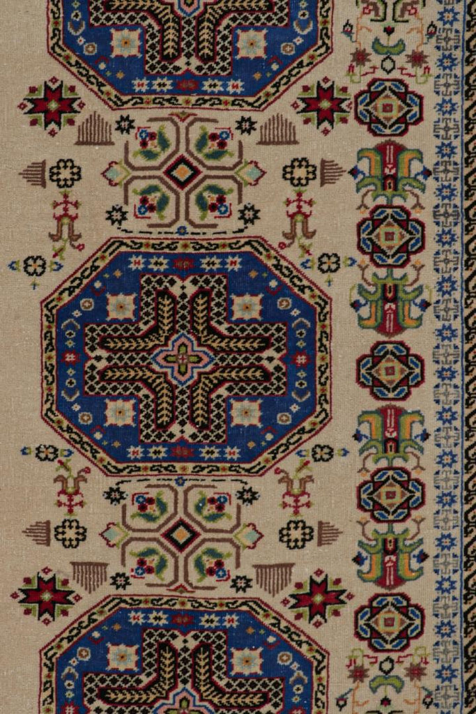 Vintage Hereke Rug In Beige Blue And Gold Geometric Patterns