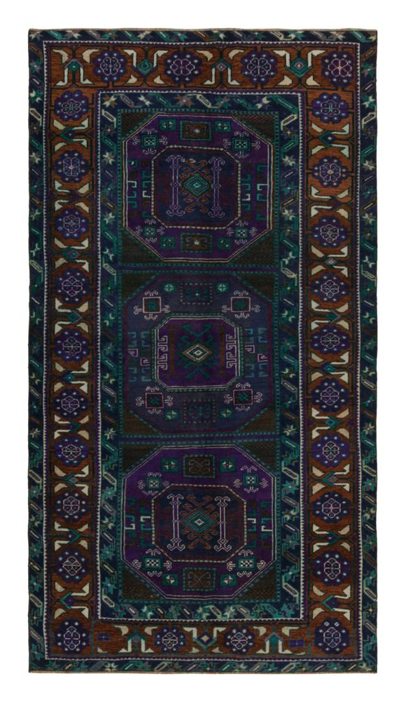 Rare Vintage Oushak Runner Rug In Teal With Geometric Pattern