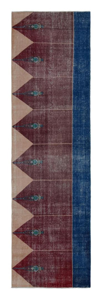 Vintage Turkish Runner Rug In Blue Maroon And Brown Patterns