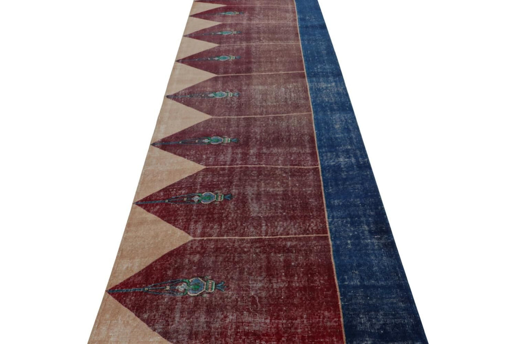 Vintage Turkish Runner Rug In Blue Maroon And Brown Patterns