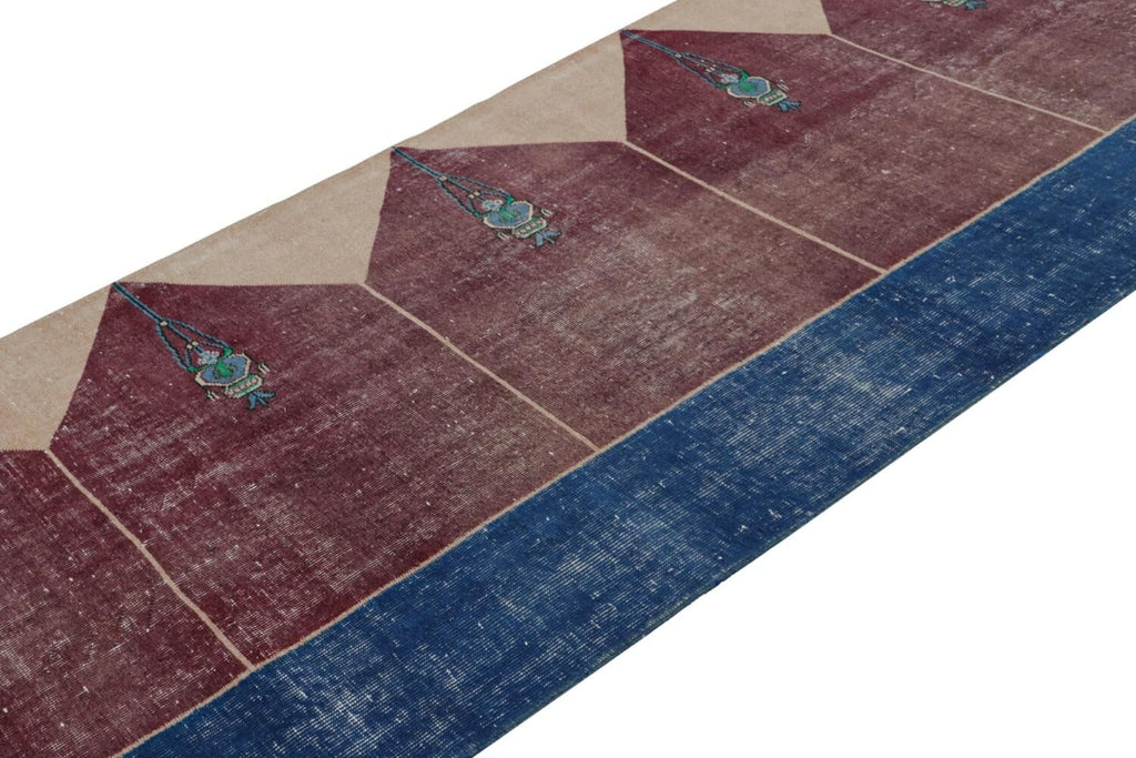 Vintage Turkish Runner Rug In Blue Maroon And Brown Patterns