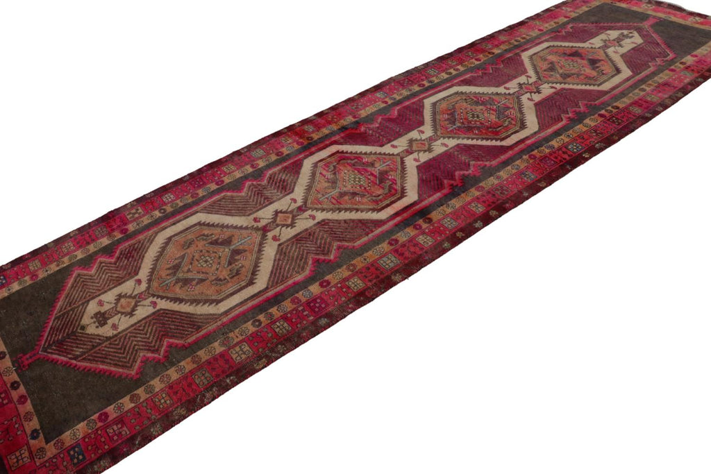 Vintage Persian Runner With Red Beige Brown Patterns 3x12