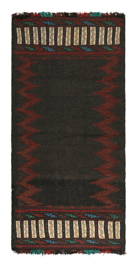 Vintage Afghan Kilim In Chocolate Brown With Red Chevrons