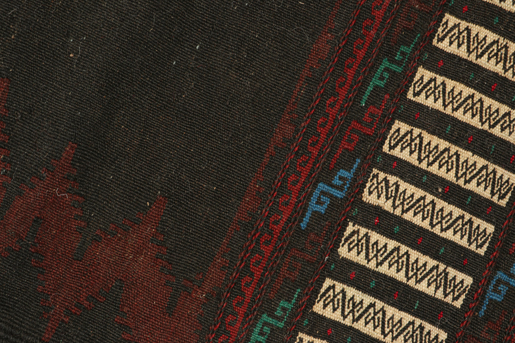 Vintage Afghan Kilim In Chocolate Brown With Red Chevrons