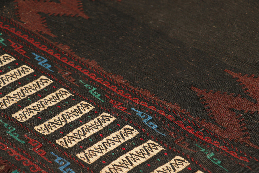 Vintage Afghan Kilim In Chocolate Brown With Red Chevrons