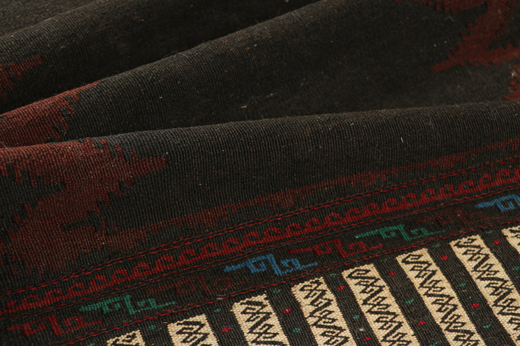 Vintage Afghan Kilim In Chocolate Brown With Red Chevrons