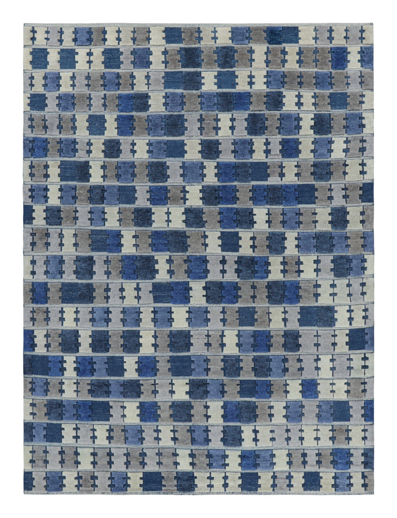 Scandinavian Rug with Blue, Gray and Cream Geometric Patterns