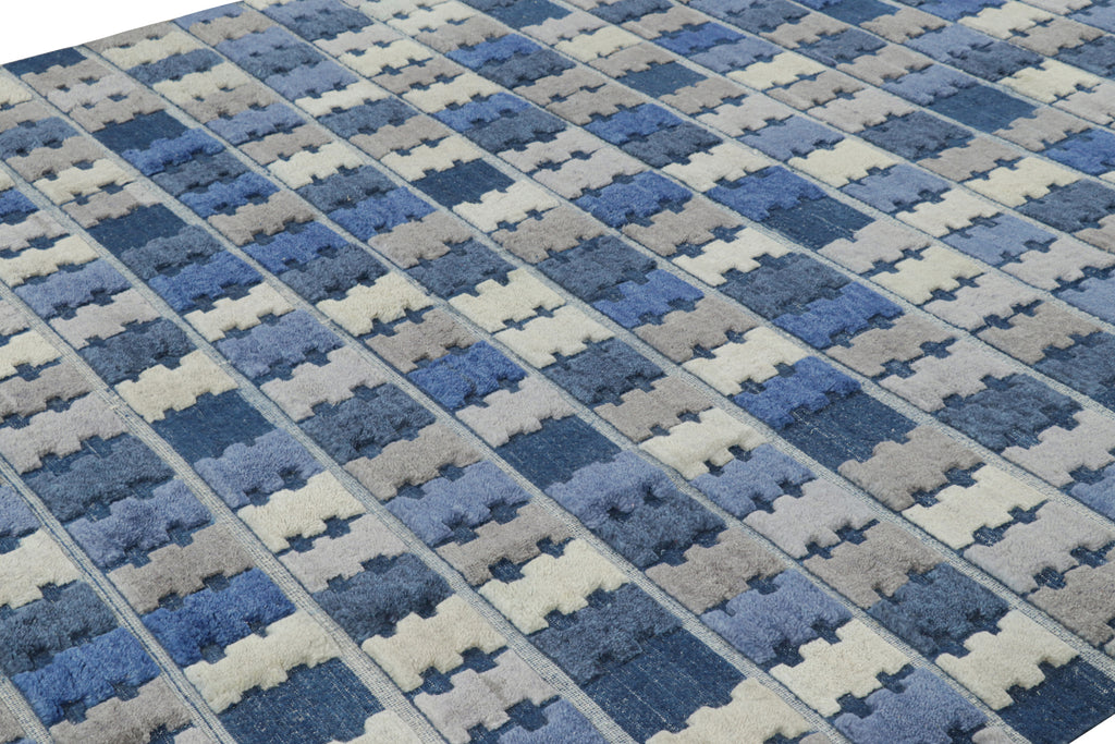 Scandinavian Rug with Blue, Gray and Cream Geometric Patterns