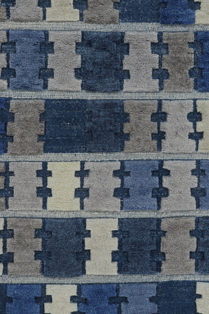 Scandinavian Rug with Blue, Gray and Cream Geometric Patterns