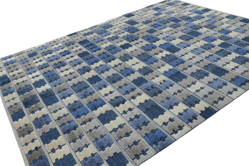 Scandinavian Rug with Blue, Gray and Cream Geometric Patterns