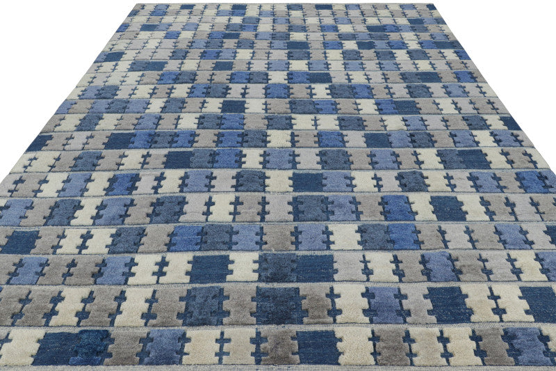 Scandinavian Rug with Blue, Gray and Cream Geometric Patterns