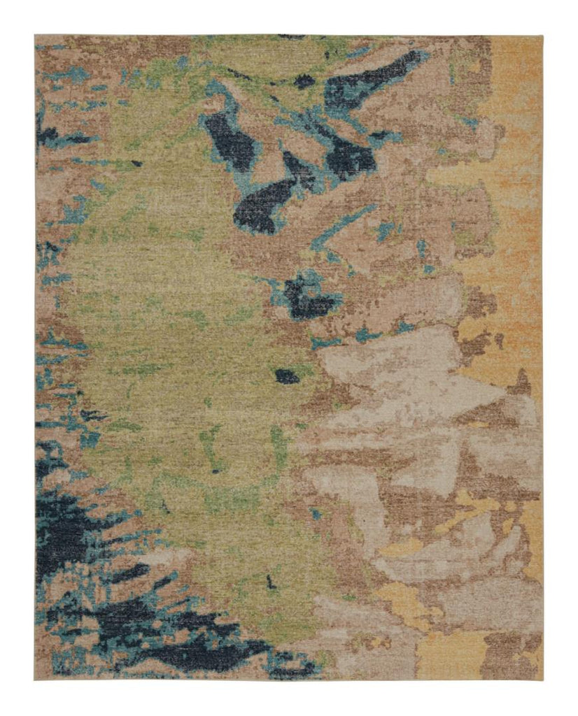 Modern Distressed Abstract Rug in Green, Beige-Brown and Blue