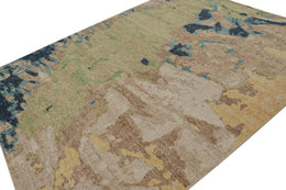 Modern Distressed Abstract Rug in Green, Beige-Brown and Blue