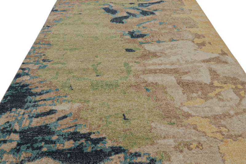 Modern Distressed Abstract Rug in Green, Beige-Brown and Blue