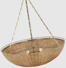 Clovis Medium Chandelier, Antique-Burnished Brass and Natural Wicker