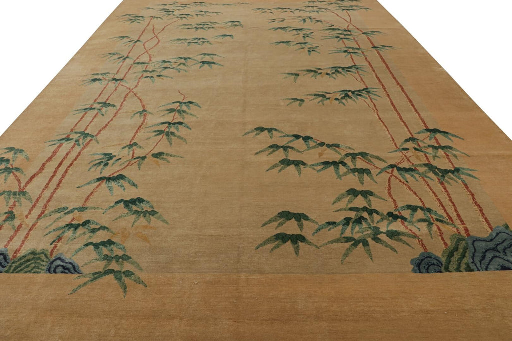 Oversized Chinese Art Deco Style Rug in Camel with Teal Florals