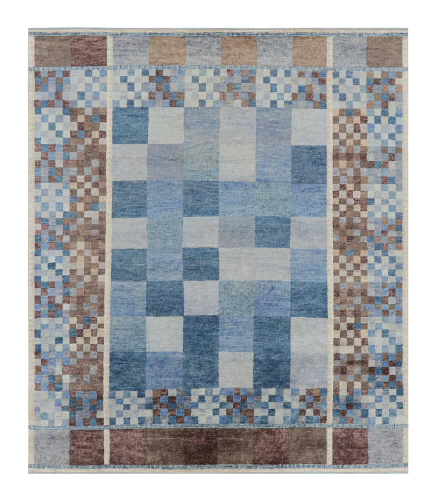 Scandinavian Rug with Blue, White & Brown Geometric Patterns