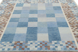 Scandinavian Rug with Blue, White & Brown Geometric Patterns