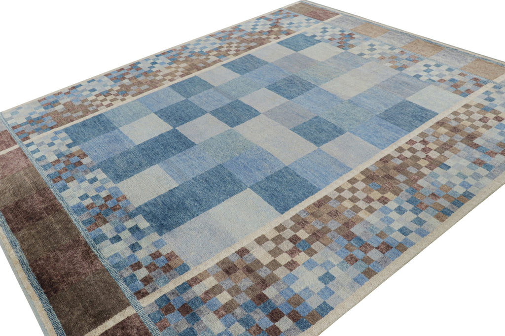 Scandinavian Rug with Blue, White & Brown Geometric Patterns