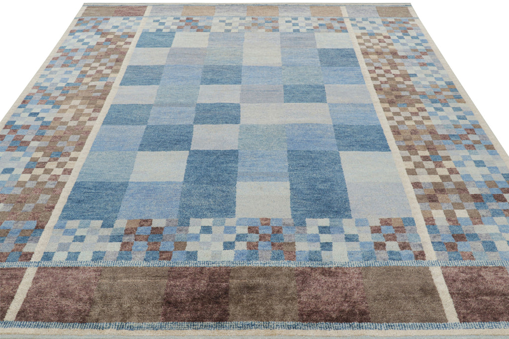 Scandinavian Rug with Blue, White & Brown Geometric Patterns