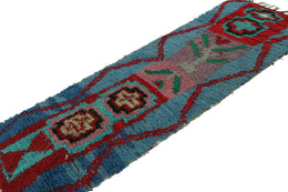 Vintage Moroccan Runner Rug In Blue With Geometric Patterns